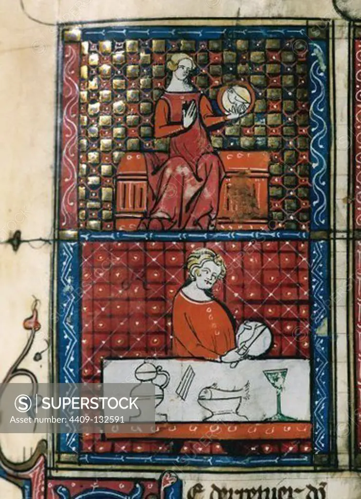 Doctrine Chretienne. Manuscript. France. 13th century. Miniature depicting, at the top, a lady sitting with a dove. At the bottom, a man cutting bread. Folio 102. Library University of Valencia. Spain.