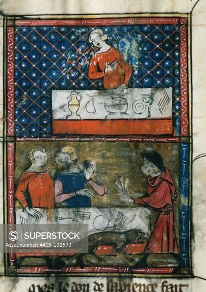 Doctrine Chretienne. Manuscript. France. 13th century. Miniature depicting, at the top, a lady before a table ready for a banquet. At the bottom, a man and a woman before a table and a man with a hat attacked by a dog. Folio 102. Library University of Valencia. Spain.