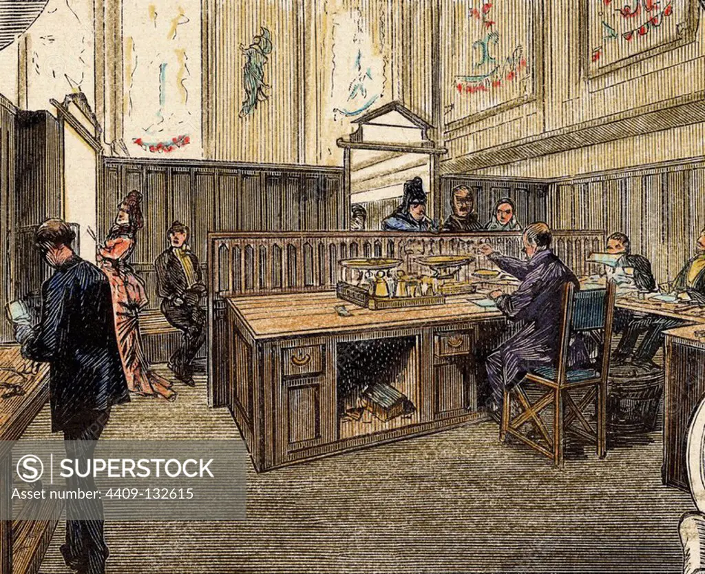 Spain. 19th century. Pawnshop and Savings Bank, an institution created with a social and religious assistance to the most needy. Pawn jewelry. Madrid. Engraving in "The Spanish and American Illustration", 1876. Colored.