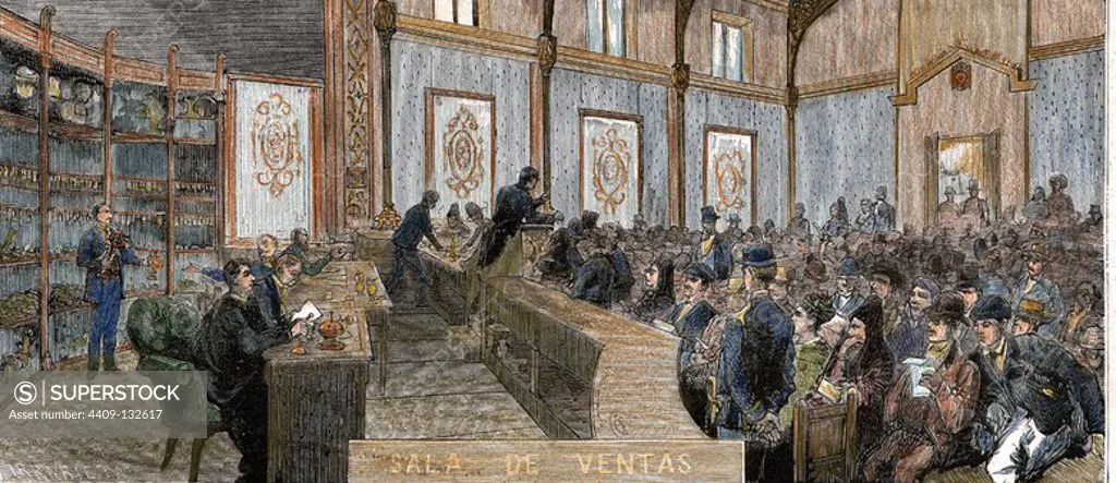 Spain. 19th century. Pawnshop and Savings Bank, an institution created with a social and religious assistance to the most needy. Sales room. Madrid. Engraving in "The Spanish and American Illustration", 1876. Colored.