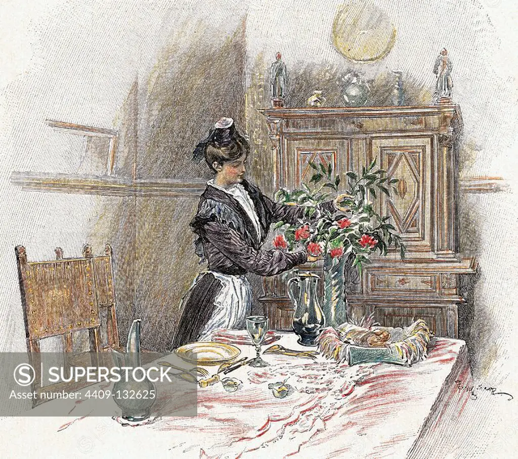 Housemaid decorating the table with a vase of flowers. Engraving of "La Ilustracio_n Artistica", 1889. Colored.