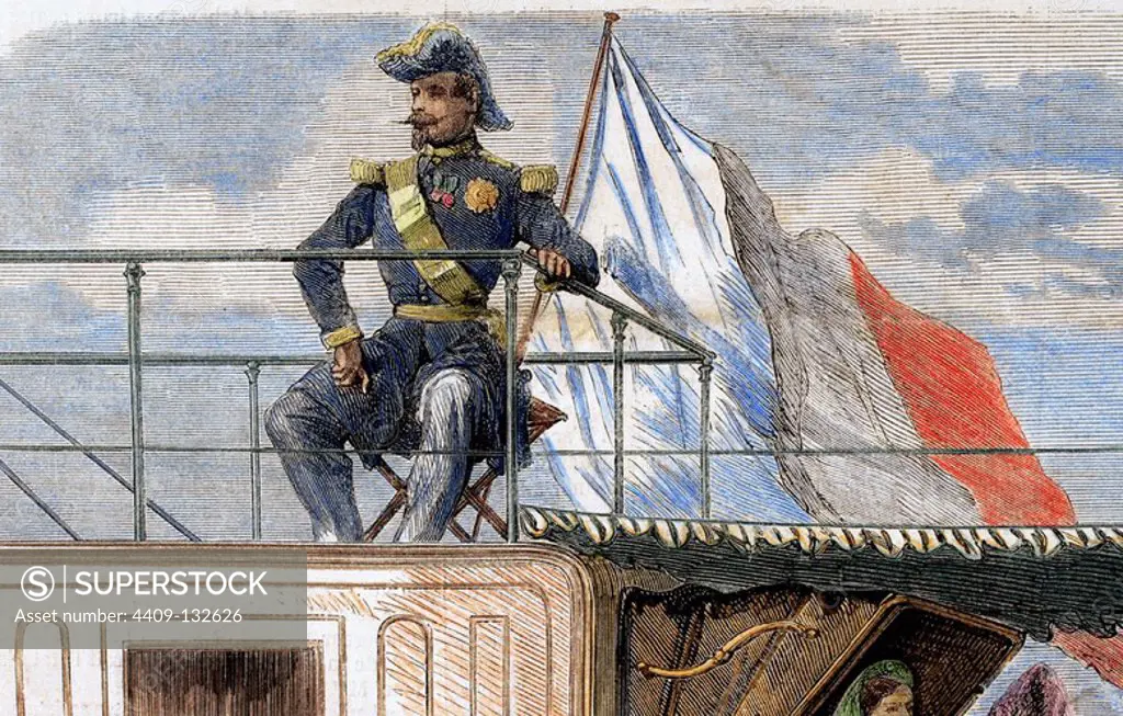 Napoleon III (1808-1873). French emperor (1852-1870.) on board the Aigle. Published in L'Illustration, Journal Universel, Paris, 1860. Colored engraving.