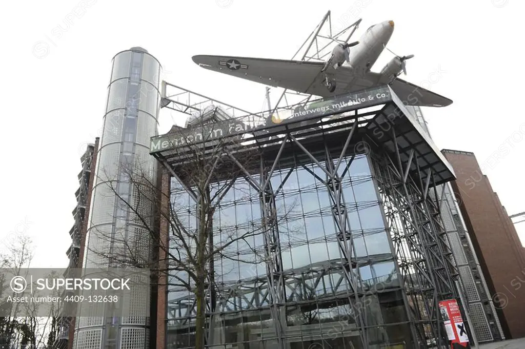 German Museum of Technology. Building on Landwehr Canal, toppe by an US Air Force Douglas C-47B. Berlin. Germany.