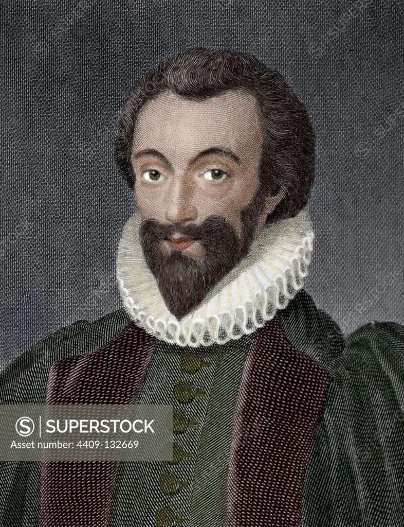John Donne (1572- 1631) English poet, satirist, lawyer and a cleric in the Church of England. He is considered the pre-eminent representative of the metaphysical poets. Engraving by W. Bromley. Colored.