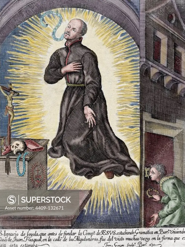 Ignatius of Loyola (1491-1556). Spanish knight, priest since 1537. Founded the Society of Jesus (Jesuits). Was Superior General. Saint Ignatius levitating. Engraving, 1693. Episcopal Library. Barcelona. Spain. Colored.