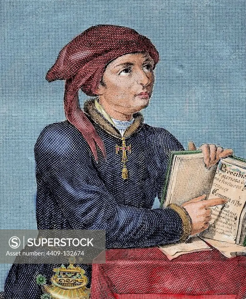 Don Inigo Lopez de Mendoza y de la Vega, Marquis of Santillana (1398-1458). Castilian politician and poet. Engraving, 18th century. Colored.