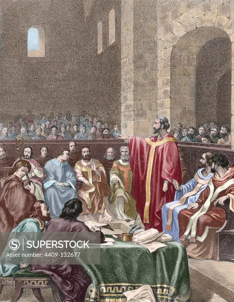 The Synod of Elvira. Approximately 305-306. synod held in Elvira in the Roman province of Hispania Baetica. Actually Granada. Andalusia. Spain. Colored engraving.