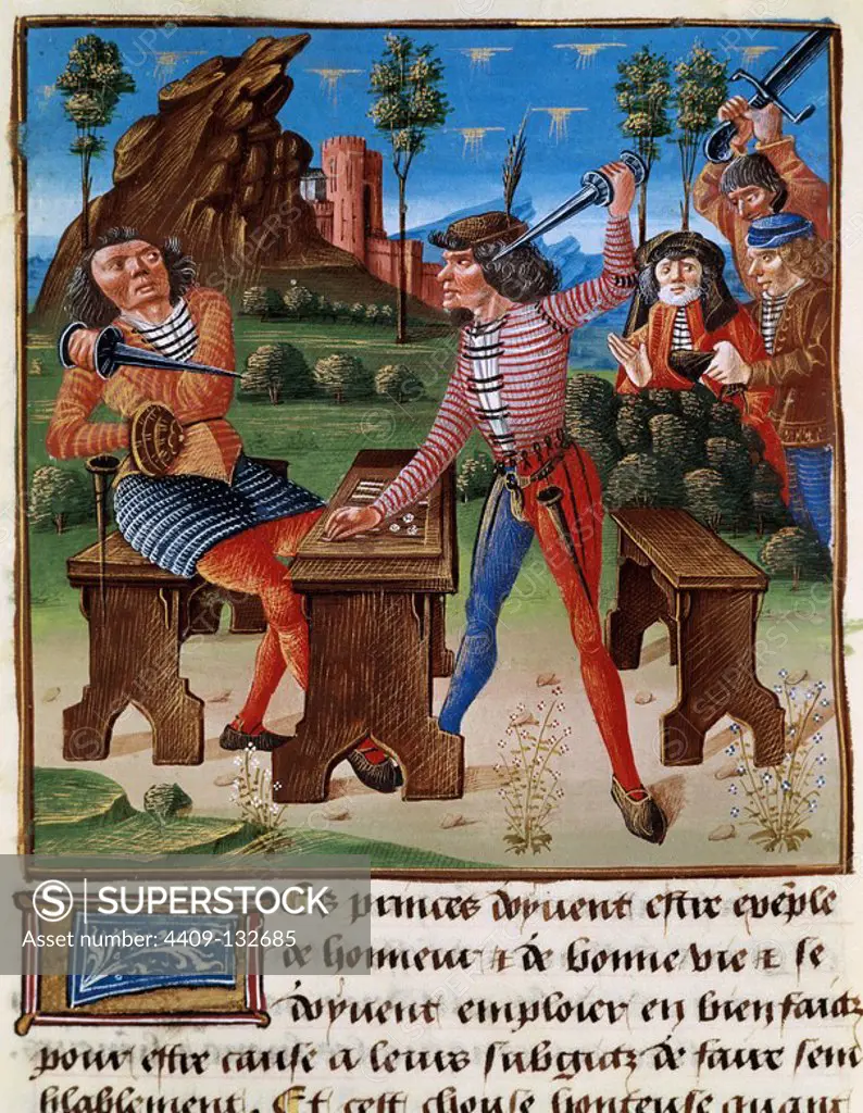 Medieval society. Craps players. Miniature "Livre de Bonnes Meurs" by Jacques Le Grand (m.1415). French school.