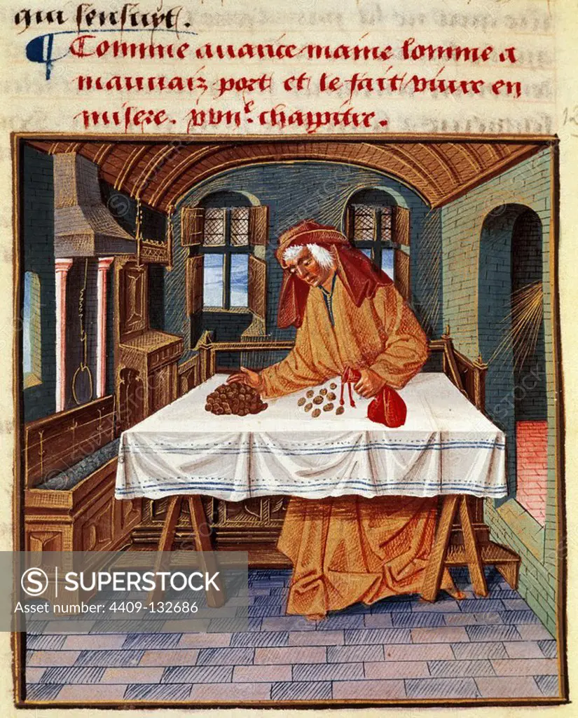 Medieval society. Moneylender. Miniature "Livre de Bonnes Meurs" by Jacques Le Grand (m.1415). French school.