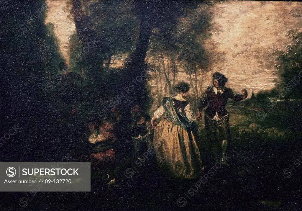 Pastoral Pleasures - 18th century - 31x44 cm - oil on panel. Author: Jean Antoine Watteau. Location: MUSEO CONDE. CHANTILLY. France.