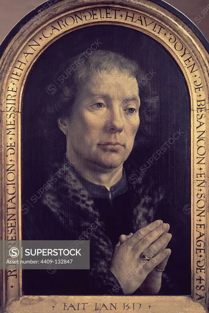 JUAN CARONDELET DEAN DE BESANCON A LOS 48 AÑOS - 1517 - PARTE IZQUIERDA DEL DIPTICO - TABLA - 43x47 cm. Author: JAN GOSSAERT MABUSE (1478-1532). Location: LOUVRE MUSEUM-PAINTINGS. France.