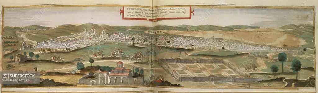 CIVITATES ORBIS TERRARUM - TUNEZ - DETALLE - CIUDAD INVADIDA POR EL EJERCITO DE CARLOS V EN 1535 - GRABADO - SIGLO XVI - CONJUNTO NUMERO 76369. Author: GEORG BRAUN 1541-1622 / FRANS HOGENBERG. Location: BIBLIOTECA NACIONAL-COLECCION. MADRID. SPAIN.