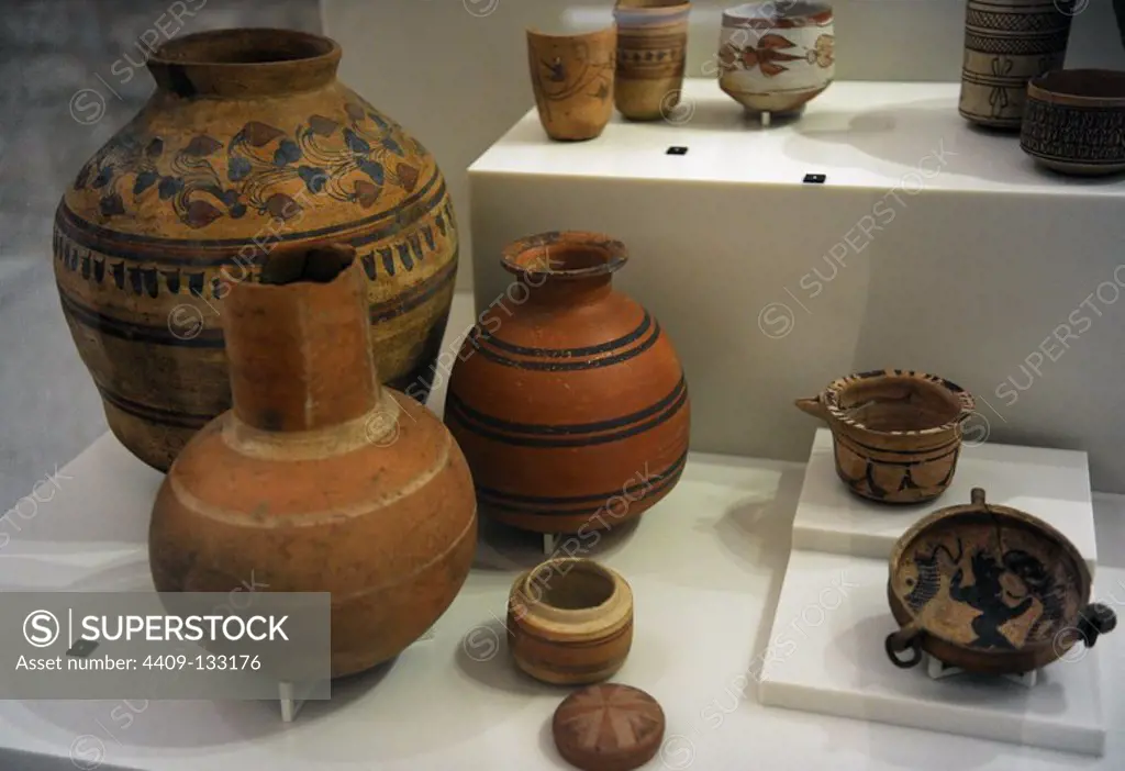 Roman barbotin ceramics. Found in Egyptian tombs as grave goods and the Meroitic kingdom. 1st century AD. Neues Museum. Berlin. Germany.