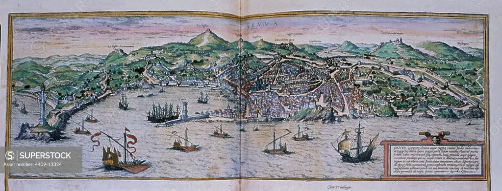 CIVITATES ORBIS TERRARUM - GENOVA - GRABADO - SIGLO XVI - JUNTO CON FLORENCIA EN EL NUMERO 76370. Author: GEORG BRAUN 1541-1622 / FRANS HOGENBERG. Location: BIBLIOTECA NACIONAL-COLECCION. MADRID. SPAIN.