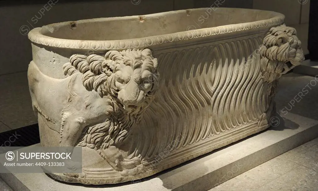 Roman sarcophagus with lions. 3rd century BC. Marble. Roman rule in Egypt. Neues Museum. Berlin. Germany.