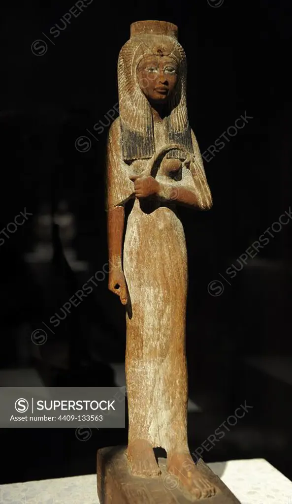 Ahmose-Nefertari, Queen of Egypt. Standing figure. Wood. Posthumous. New Kingdom. 19th Dynasty. 1200 BC. Thebes, Egypt. Neues Museum. Berlin. Germany.