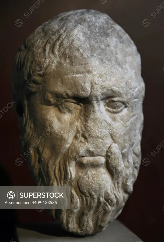 Plato (428-348 BC). Greek philosopher. Bust. Marble. Roman copy of 1st century after a greek original of 4th century BC. Neues Museum. Berlin. Germany.