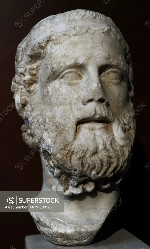 Anacreon of Teos ( 582-485 BC). Greek poet. Bust. Roman copy after a greek original. Marble. Neues Museum. Berlin. Germany.
