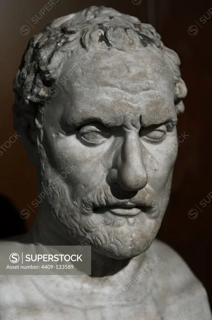 Demosthenes (384-322 BC). Political and Athenian orator. Bust. Roman copy of a greek original of 3rd century BC. Neues Museum (New Museum). Berlin. Germany.