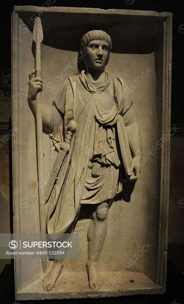 Relief depicting a roman legionary. Marble. 2nd century AD. From a triumphal arch of Emperor Trajan. Neues Museum (New Museum). Berlin. Germany.