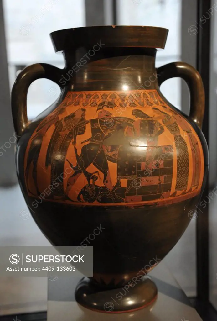 Attic amphora depicting scenes of Trojan War. Neoptolemus kill Priam and Achilles pursuing Troilus and Polyxena, sons of Priam. 550-540 BC. Black-figures. From Vulci, Italy. Neues Museum. Berlin. Germany.