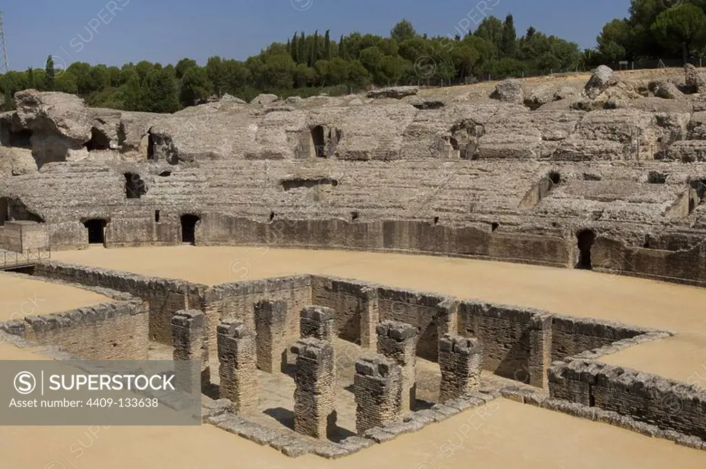 Spain. Italica. Roman city founded c. 206 BC. Amphitheatre. 117-138 BC. Fossa bestiaria. Andalusia.