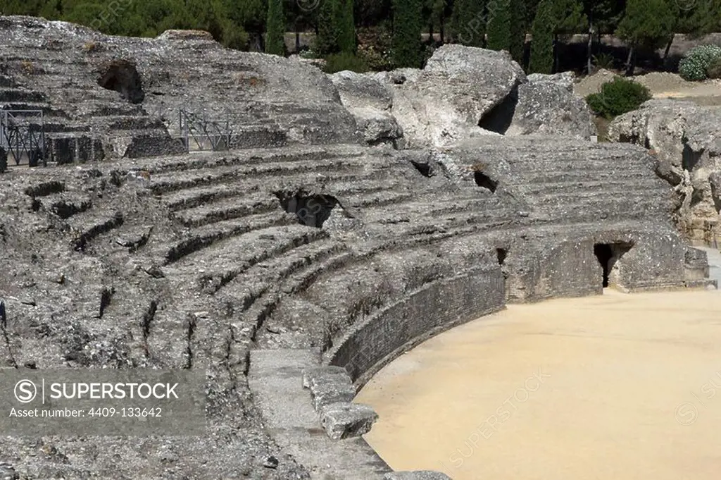 Spain. Italica. Roman city founded c. 206 BC. Amphitheatre. 117-138 BC. Stands. Andalusia.