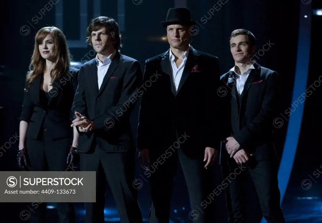 WOODY HARRELSON, ISLA FISHER, JESSE EISENBERG and DAVE FRANCO in NOW YOU SEE ME (2013), directed by LOUIS LETERRIER. Copyright: Editorial use only. No merchandising or book covers. This is a publicly distributed handout. Access rights only, no license of copyright provided. Only to be reproduced in conjunction with promotion of this film.