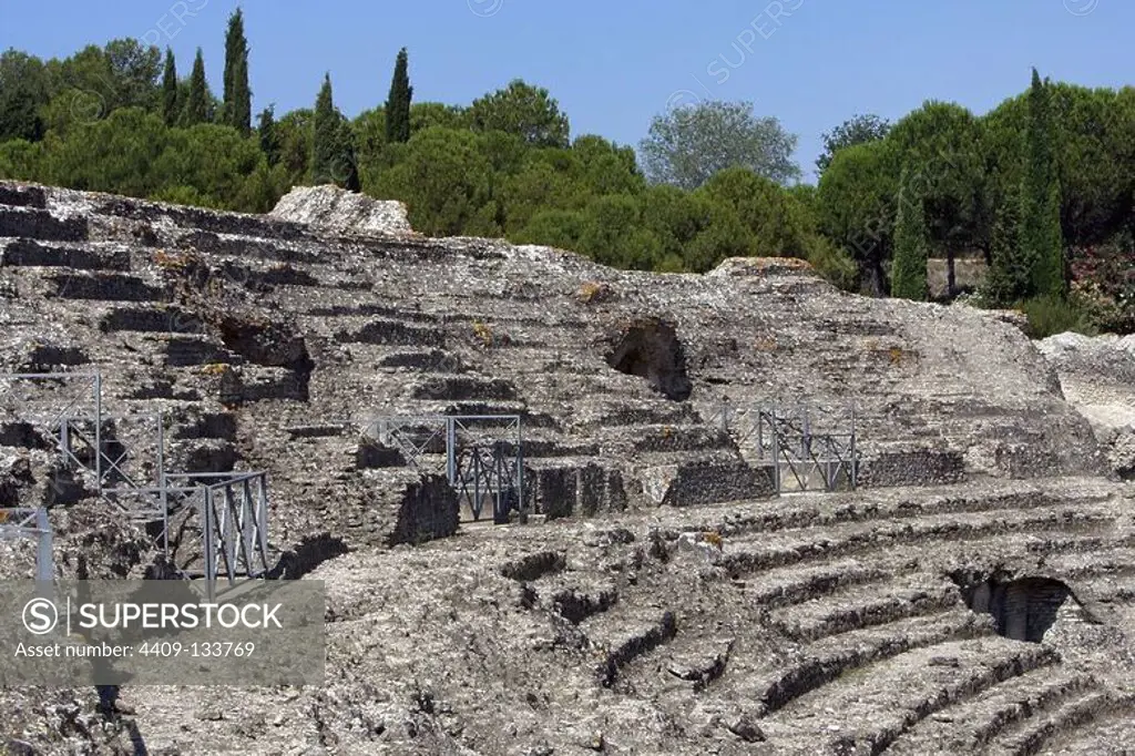 Spain. Italica. Roman city founded c. 206 BC. Amphitheatre. 117-138 BC. Stands. Andalusia.