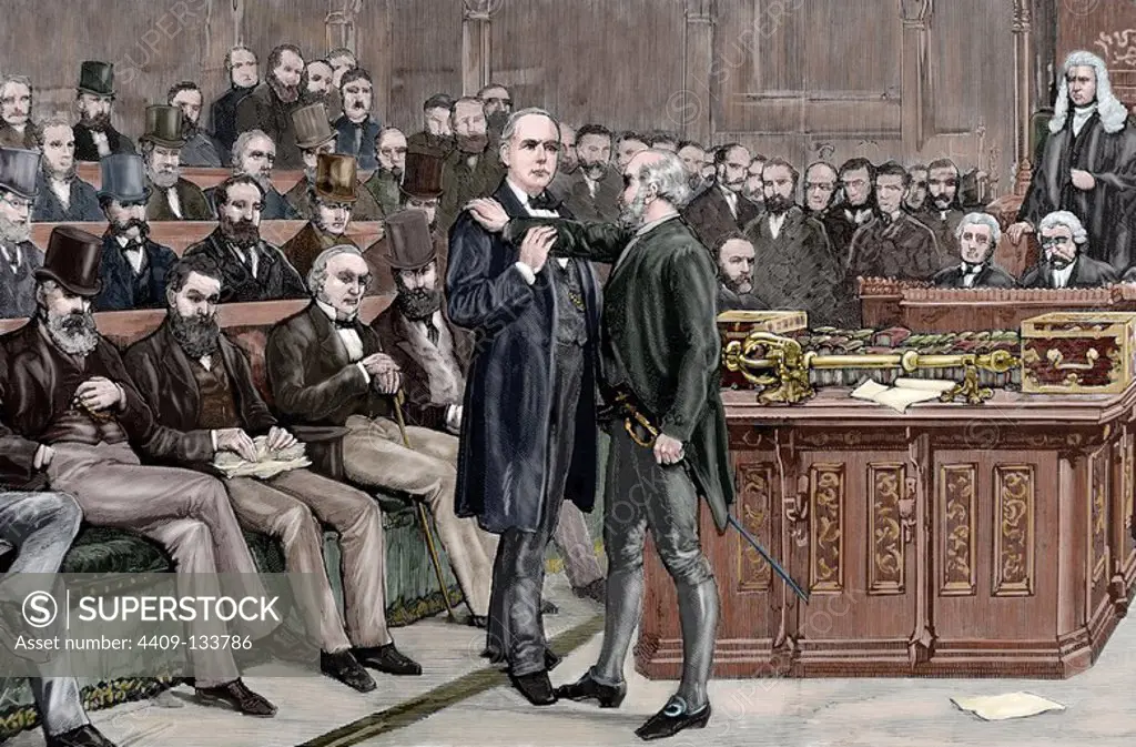 Charles Bradlaugh (1833-1891). English political activist. London. House of Commons. Arrest of deputy atheist Brandlaugh for refusing to leave the Chamber. Engraving in The Spanish and American Illustration, 1885. Colored.