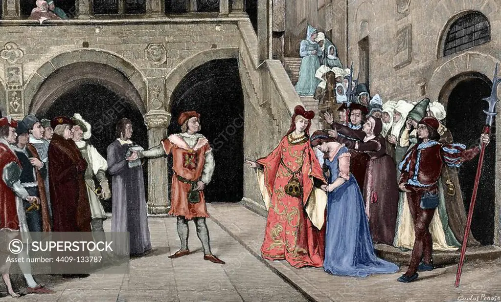 Blanche II of Navarre (1424-1464). Queen of Navarre. Blanche of Navarre is delivered to the Captal of Buch, who orders imprison her into a castle. Engraving after a painting by Eduardo Rosales. Colored.