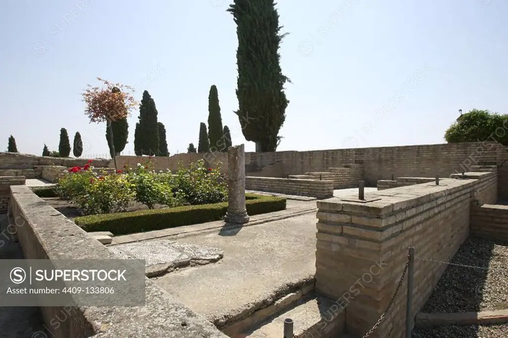 Spain, Andalusia, Seville province, Santiponce. Italica. Roman city founded in 206 BC by the Roman general Publis Cornelius Scipio. House of the Birds. Roman domus.