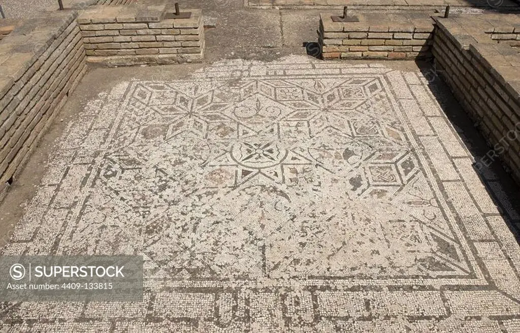 Spain, Andalusia, Seville province, Santiponce. Italica. Roman city founded in 206 BC by the Roman general Publis Cornelius Scipio. House of the Birds. Roman domus. Ruins of a mosaic of the floor tiles.