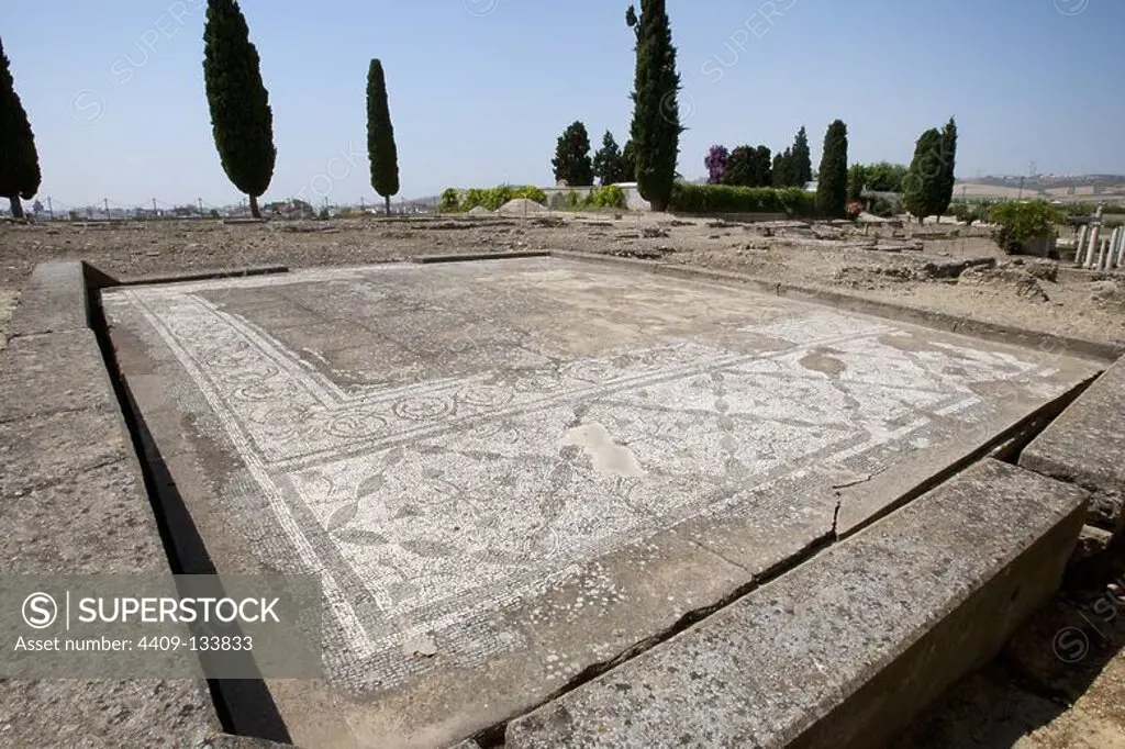 Spain. Italica. Roman city founded c. 206 BC. Mosaic of a roman domus. Andalusia.