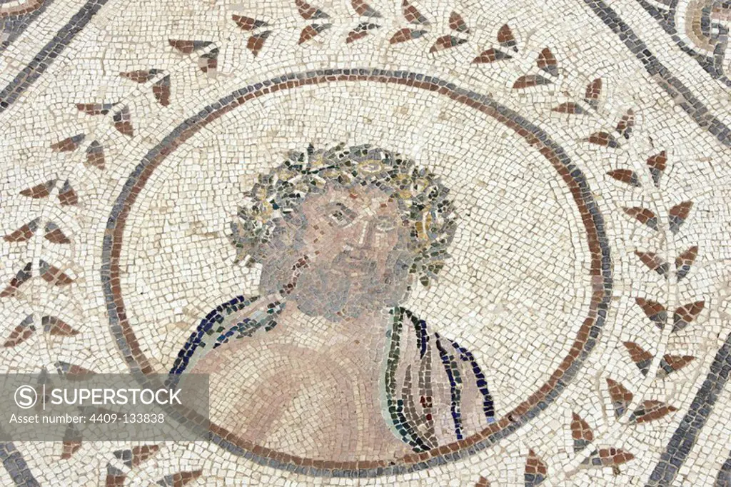 Spain, Andalusia, Seville province, Santiponce. Roman city of Italica. Founded in 206 BC by the Roman general Scipio. House of the Planetarium. Mosaic which represents the seven stars of the solar system known at that time by the Romans. Each planet is personified by a god, in turn, symbolises a day of the week. Detail of Jupiter (Thursday).