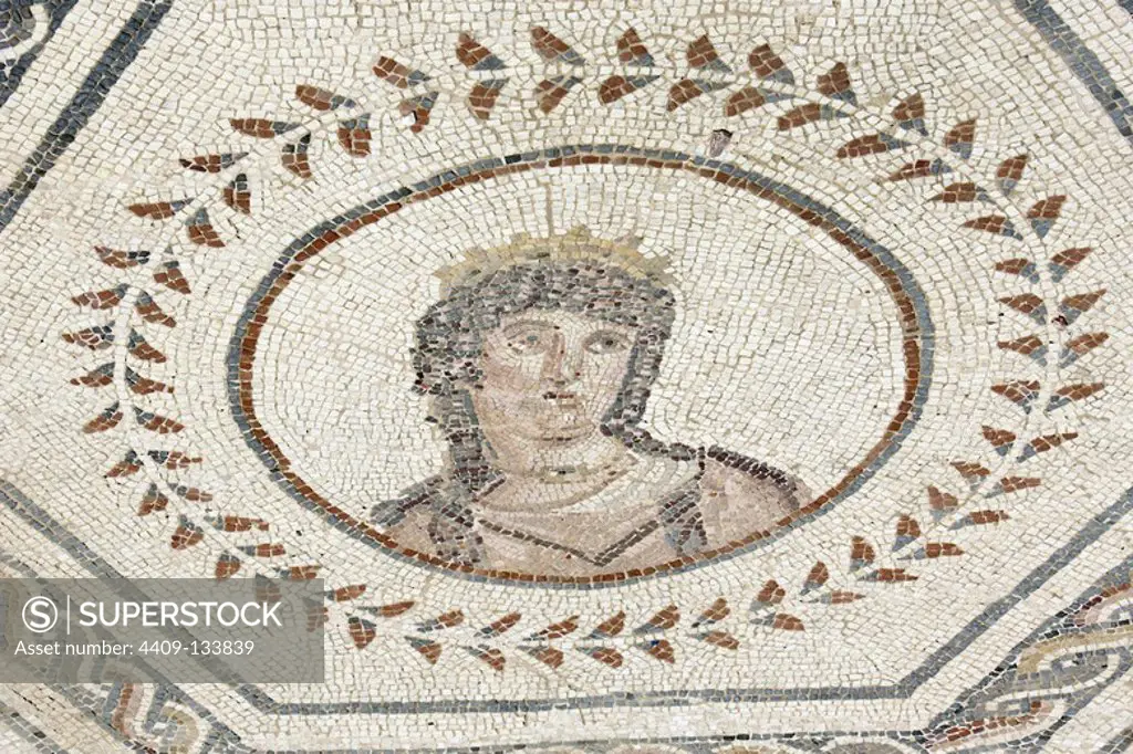 Spain, Andalusia, Seville province, Santiponce. Roman city of Italica. Founded in 206 BC by the Roman general Scipio. House of the Planetarium. Mosaic which represents the seven stars of the solar system known at that time by the Romans. Each planet is personified by a god, in turn, symbolises a day of the week. Detail of Venus (Friday).