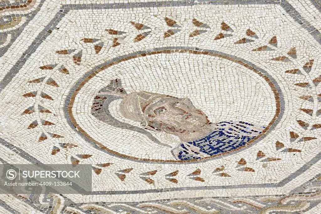 Spain. Italica. Roman city founded c. 206 BC. House of the Planetarium. Mosaic. Detail. Mars with a helmet. Andalusia.