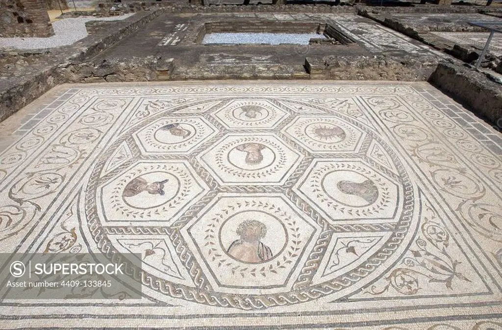 Spain. Italica. Roman city founded c. 206 BC. House of the Planetarium. Mosaic. Sun, Moon, anf five planets (Venus, Mars, Mercury, Jupiter, Saturn). Andalusia.