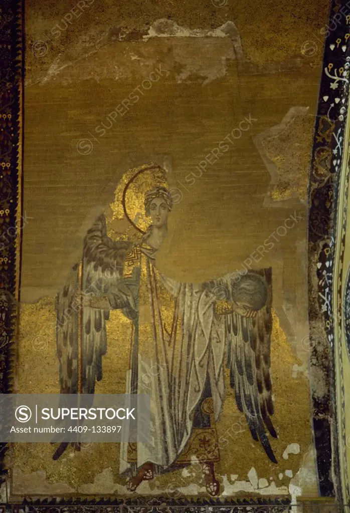 Turkey, Istanbul. Hagia Sophia. Archangel Gabriel. Byzantine mosaic, c. 867. It is located in the bema vault.