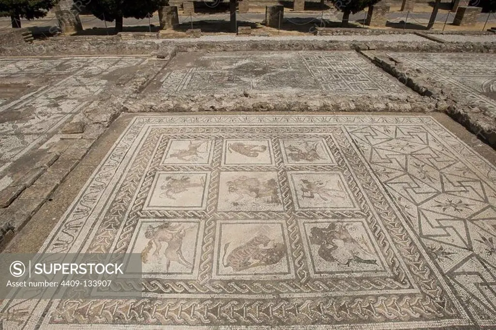 Spain. Italica. Roman city founded c. 206 BC. House of the Planetarium. Mosaic of Bacchus and Ariadne. Andalusia.