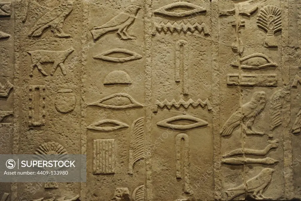 Ancient Egypt. Detail of hieroglyphic inscriptions on the burial chamber of the Methen or Metjen (high official). 4th Dynasty, c. 2575 BC. Limestone. Mastaba 6. Necropolis of north Sakkara. Old Kingdom. Neues Museum (New Museum). Berlin, Germany.