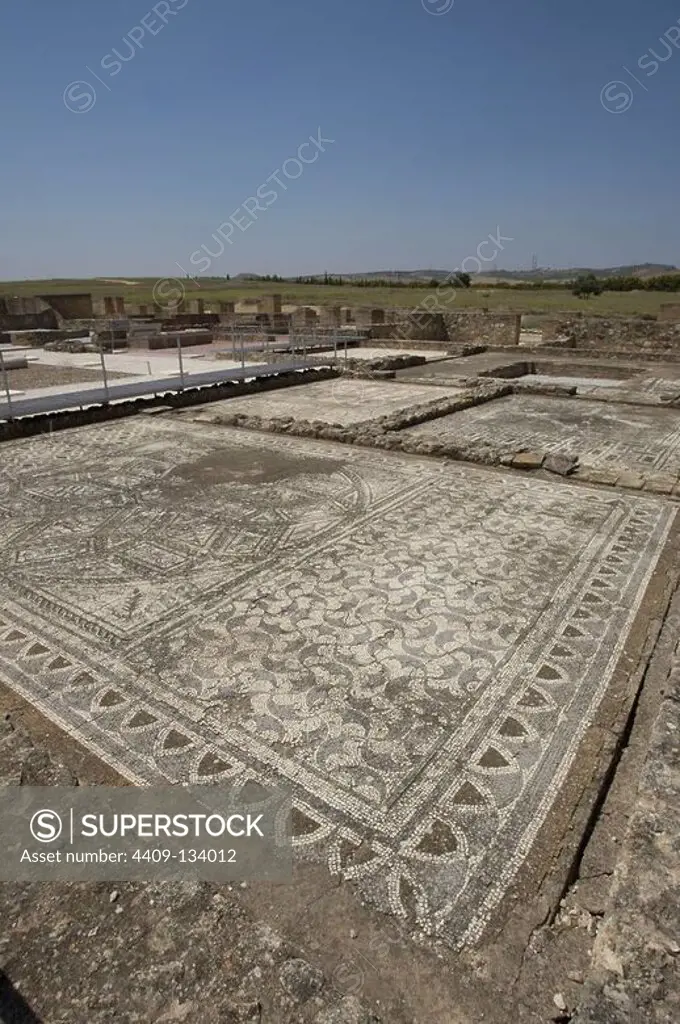 Spain. Italica. Roman city founded c. 206 BC. Ruins. Mosaic. Andalusia.