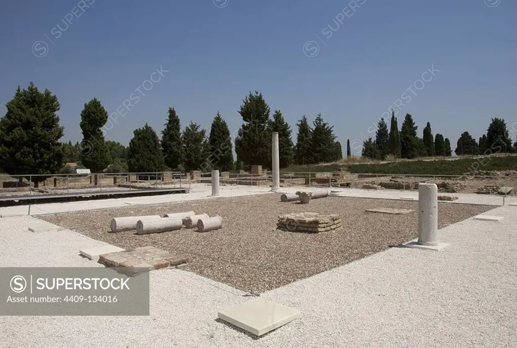 Spain. Italica. Roman city founded c. 206 BC. Ruins. mosaic. Andalusia. Ruins of the courtyard.