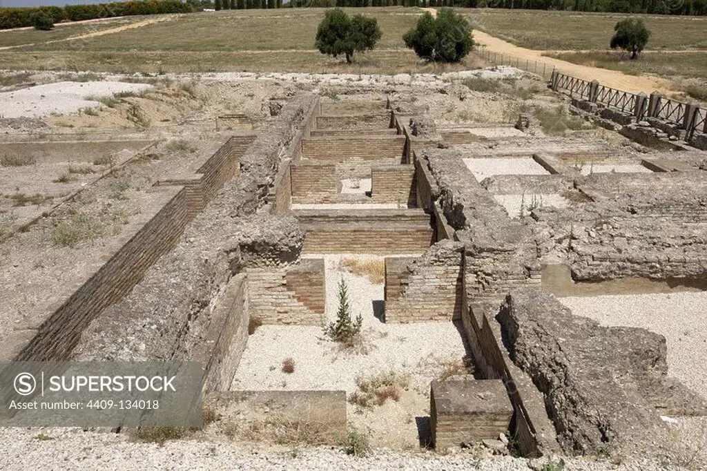 Spain. Italica. Roman city founded c. 206 BC. Thermae, Large Baths. Near Santiponce. Ruins. Andalusia.