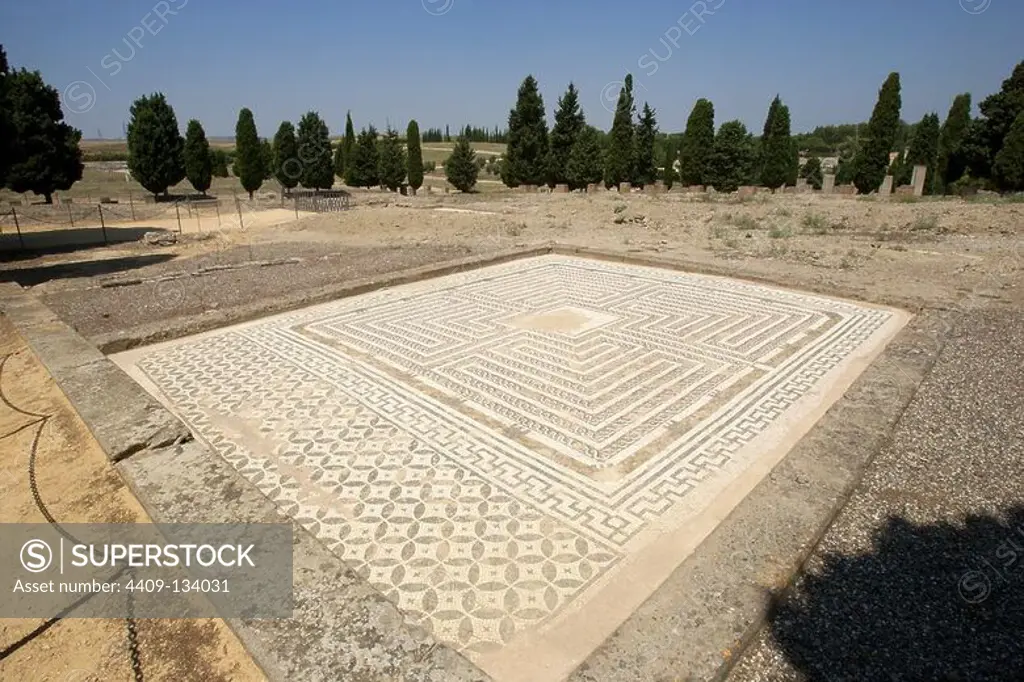 Spain. Roman city of Italica. Founded in 206 BC. House of Neptune. Labyrinth Mosaic. Domus roman.