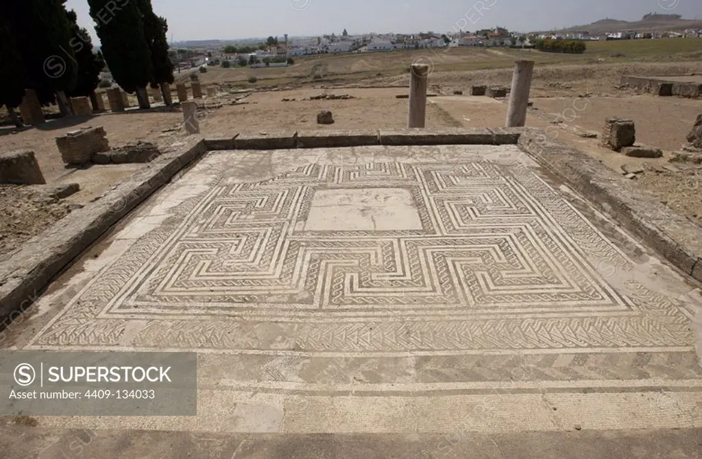 Spain. Andalusia. Roman city of Italica. Founded in 206 BC. House of Hylas. Domus roman. Mosaic.