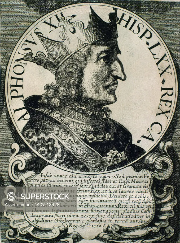 ALFONSO XI (1312-1350) REY DE CASTILLA Y LEON - EFFIGIES ET SERIES REGUM HISPANIAE - GRABADO SIGLO XVII. Author: WESTERHOUT ARNOLDO VAN. Location: BIBLIOTECA NACIONAL-COLECCION. MADRID. SPAIN. ALFONSO XI EL JUSTICIERO.