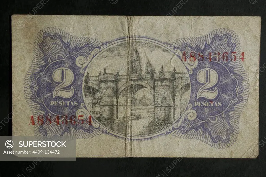 DINERO: BILLETE DE DOS PESETAS DE LA REPUBLICA ESPAÑOLA (1938). ANVERSO: CABEZA ALEGORICA DE LA REPUBLICA. REVERSO: PUENTE DE TOLEDO.