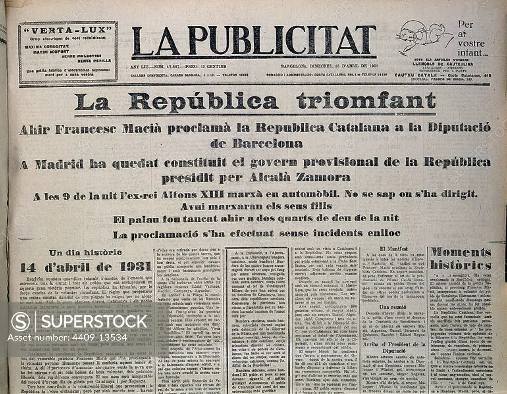 PORTADA DE LA PUBLICIDAD 15/4/1931- PROCLAMACION REPUBLICA-PRENSA CATALANA. Location: MUSEE HISTORIQUE. Barcelona. SPAIN.