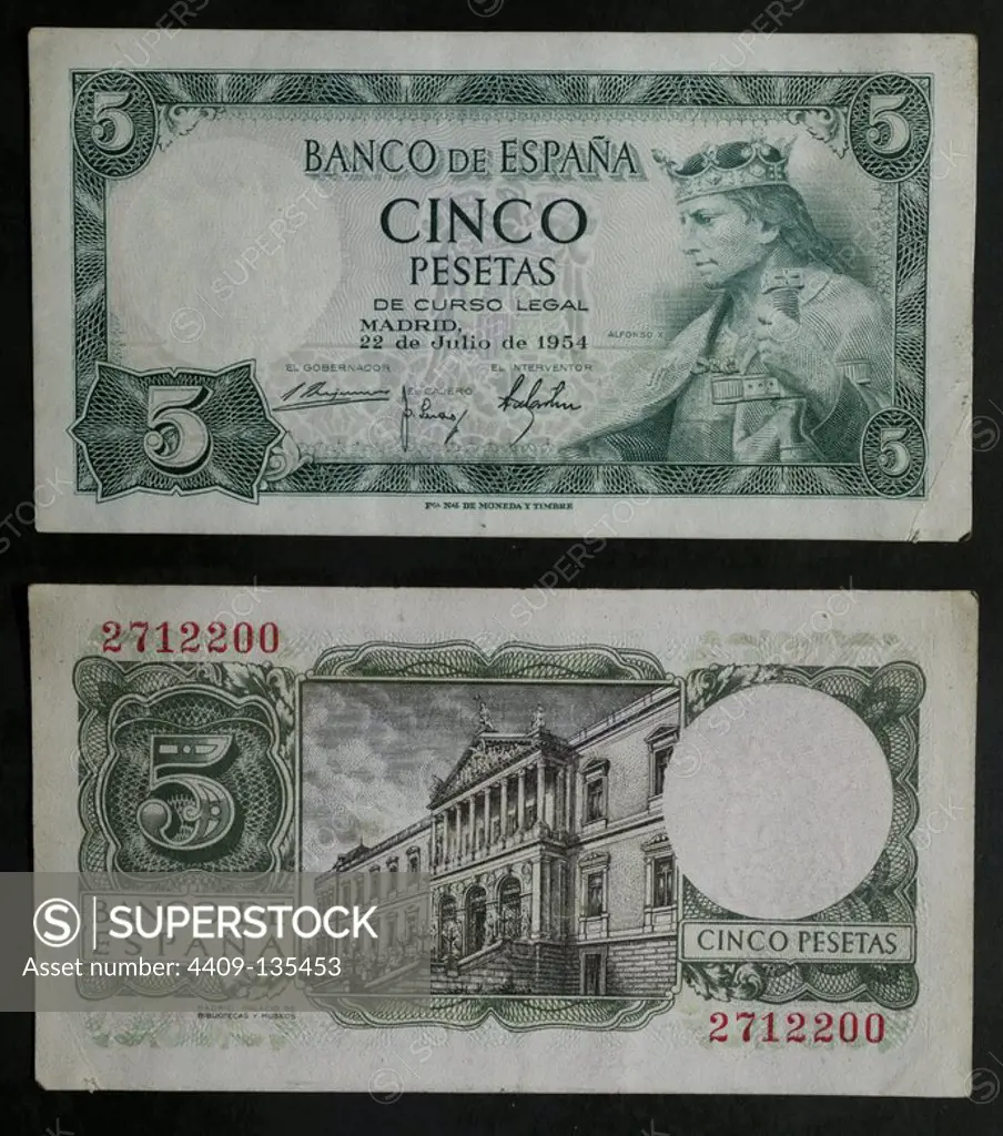 DINERO: BILLETE DE CINCO PESETAS DE 1954. ANVERSO: IMAGEN DE ALFONSO X. REVERSO: BIBLIOTECA NACIONAL. TAMAÑO: 100 x 50 MM.